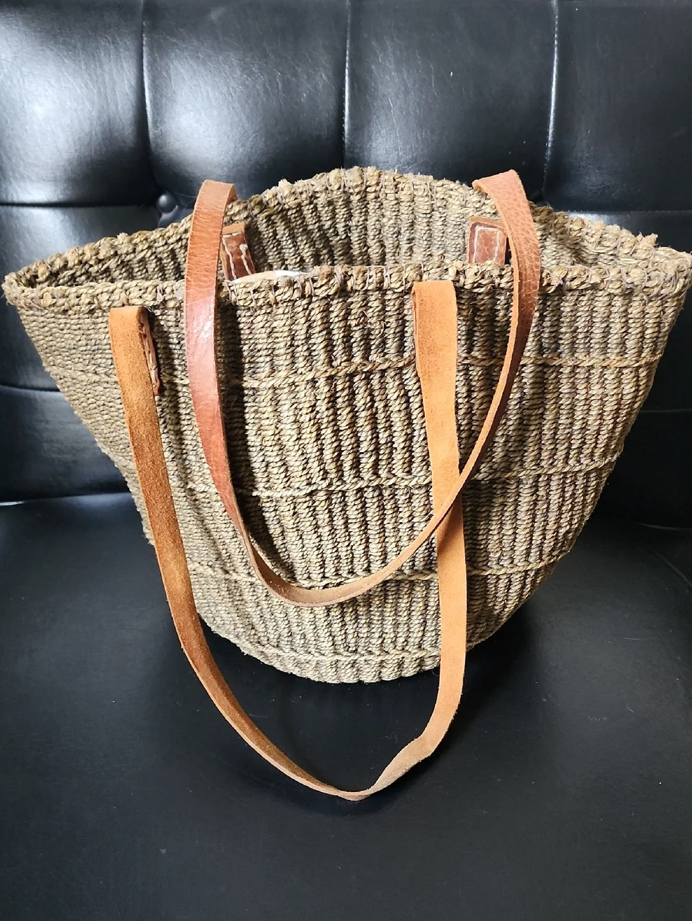 African Woven Sisel Jute Leather Strap Large Market Tote Purse Bag Vintage - Picture 1 of 11